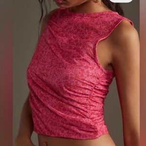 Maeve‎ Anthropologie Mesh Pink Floral Sleeveless Ruched Tank Top Blouse XL